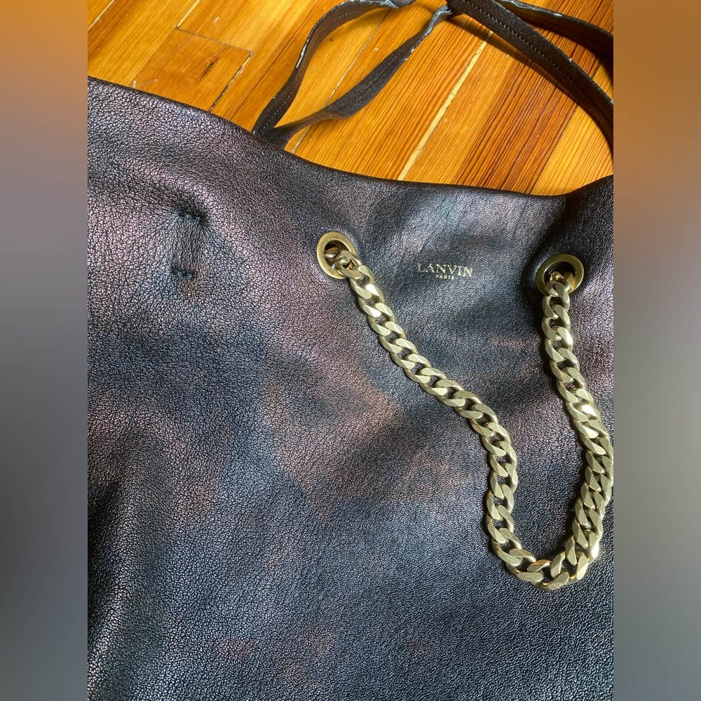 Y2K Lanvin Paris Carry Me black metallic brown Leather Chain-Accent Tote Bag - Picture 2 of 16